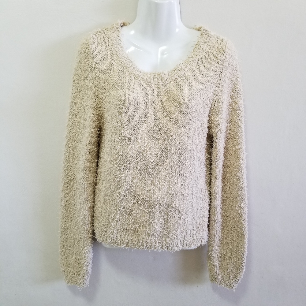 Alexis Womens Sweater Cropped Beige Cream Textured Tab Hue Side Slit Scoop M